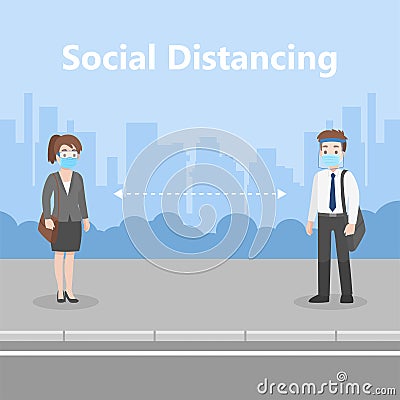 New normal life People in business casual outfits social distance wearing a surgical protective Medical mask and face shield for p Vector Illustration