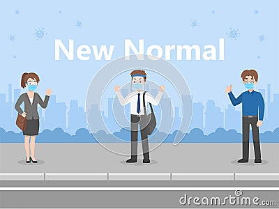New normal life People in business casual outfits social distance wearing a surgical protective Medical mask and face shield for p Vector Illustration
