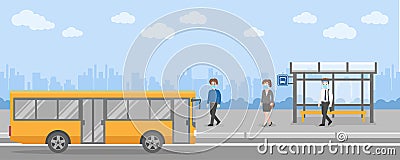 New normal life People getting on the bus transport at bus stop wearing a surgical protective Medical mask and face shield for pre Vector Illustration