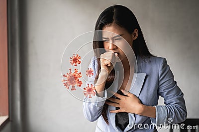 COVID-19 Pandemic Coronavirus, Asian woman have a cold and symptoms coughing, fever Stock Photo