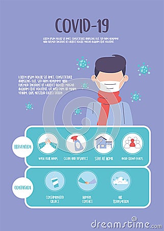 Covid 19 pandemic infographic, coronavirus disease, tips for symptoms and contagion infomation Vector Illustration
