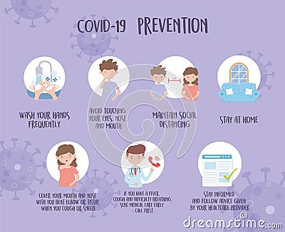 Covid 19 pandemic prevention, avoid and protect tips secure health Vector Illustration
