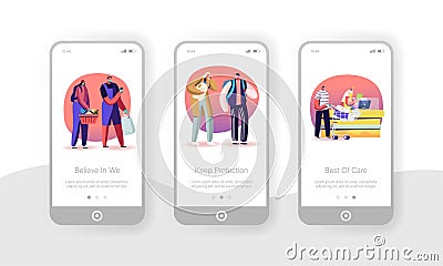Covid19 Pandemic Quarantine Mobile App Page Onboard Screen Template. People Characters Customers in Medical Masks Vector Illustration