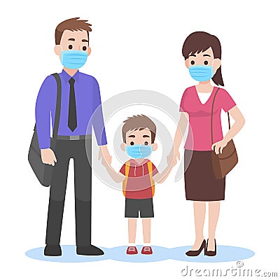 Parents take their children to the school wearing a surgical face mask for prevent Coronavirus back to school Vector Illustration