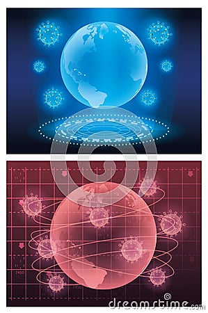 Covid19 particles and earth planets futuristic lights Vector Illustration