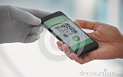 Covid passport, QR code and travel restrictions with a phone in the hands of people waiting in airport. Healthcare Stock Photo
