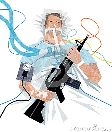 COVID-19 patient in the hospital on a ventilator, clutching his assault rifle. Vector Illustration