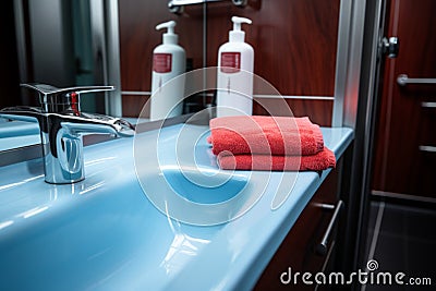 COVID 19 precaution cleaning toilet handle with alcohol and soft cloth Stock Photo
