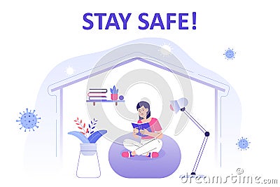 COVID-19 protection concept. Young woman reading book at home. Social distancing and self-isolation during coronavirus quarantine Cartoon Illustration