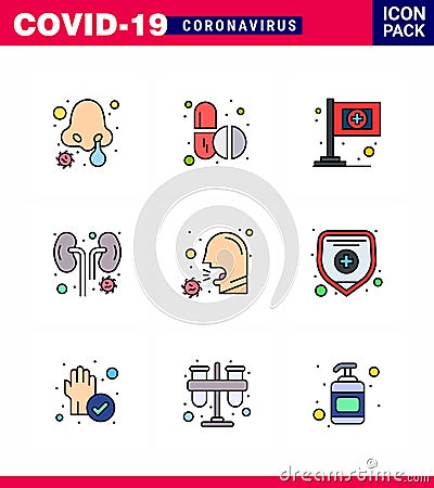 Covid-19 Protection CoronaVirus Pendamic 9 Filled Line Flat Color icon set such as healthcare, cough, assistance, kidney, infected Vector Illustration