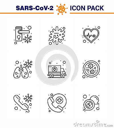 Covid-19 Protection CoronaVirus Pendamic 9 Line icon set such as hospital, ambulance, beat, virus, anatomy Vector Illustration