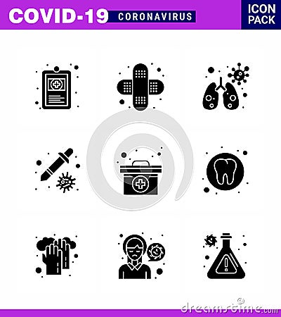 Covid-19 Protection CoronaVirus Pendamic 9 Solid Glyph Black icon set such as medicine, medical, infedted, case, pipette Vector Illustration