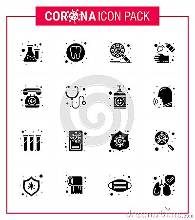 Covid-19 Protection CoronaVirus Pendamic 16 Solid Glyph Black icon set such as soap, cleaning, tooth, hand spray, security Vector Illustration