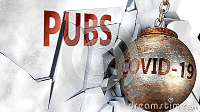 Covid and pubs, symbolized by the coronavirus virus destroying word pubs to picture that the virus affects pubs and leads to Cartoon Illustration