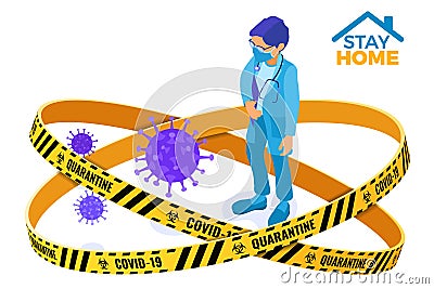 Covid-19 quarantine stay home Doctor in mask Vector Illustration
