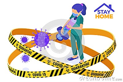 Covid-19 quarantine stay home nurse with syringe Vector Illustration