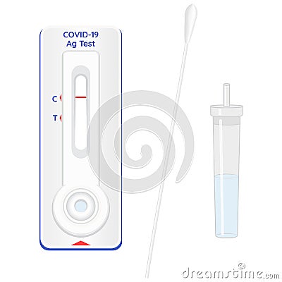 Covid-19 Rapid Antigen test. Coronavirus swap sample in lysis buffer, strip with reagents, result with antigen molecules. Vector Vector Illustration