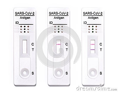 COVID-19 rapid test antigens null, negative and positive results Stock Photo