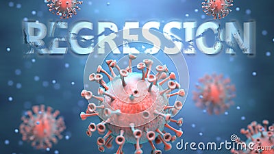 Covid and regression, pictured as red viruses attacking word regression to symbolize turmoil, global world problems and the Cartoon Illustration