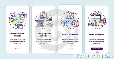 Covid relief package benefits onboarding mobile app page screen with concepts Vector Illustration