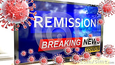 Covid, remission and a tv set showing breaking news - pictured as a tv set with corona remission news and deadly viruses around Cartoon Illustration