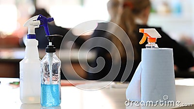 Covid safe school classroom. Cleaning and hygiene equipment new standard in education Stock Photo