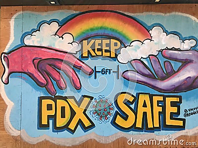 COVID safety mural, downtown Portland, Oregon, summer 2020 Editorial Stock Photo