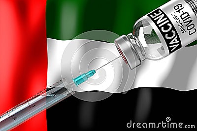 Covid-19, SARS-CoV-2, coronavirus vaccination programme in United Arab Emirates, vial and syringe Cartoon Illustration