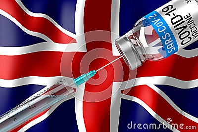 Covid-19, SARS-CoV-2, coronavirus vaccination programme in United Kingdom, vial and syringe Cartoon Illustration
