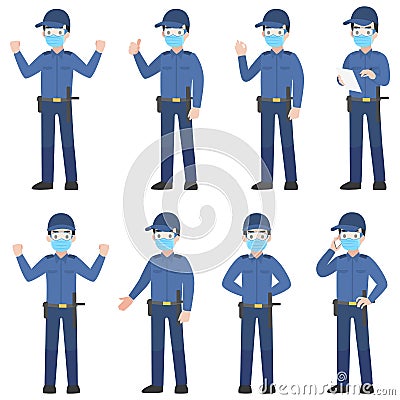 Set of security guard in uniform with New normal life wearing a surgical protective Medical mask and goggles for prevent coronavir Vector Illustration