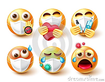 Covid-19 smiley emoji vector set. Emojis 3d character in care, sick and infected emotions with face mask and sanitizer element. Vector Illustration