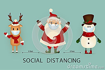 COVID-19, social distancing infographic with funny Christmas cartoon character. Cute Santa Claus, reindeer, snowman medical face Stock Photo