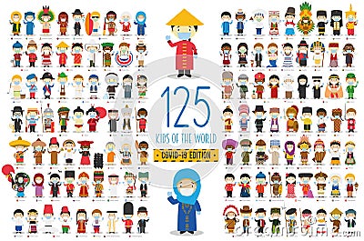 Covid 19 Special Edition: Set of 125 Kids of the World of different nationalities with surgical masks and latex gloves Vector Illustration