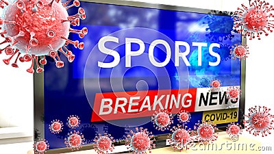Covid, sports and a tv set showing breaking news - pictured as a tv set with corona sports news and deadly viruses around Cartoon Illustration