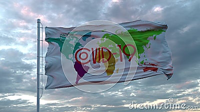 Covid-19 stamp flag waving in the wind. Sign of Coronavirus. 3d illustration Cartoon Illustration