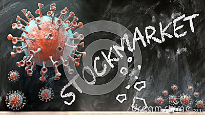 Covid and stockmarket - covid-19 viruses breaking and destroying stockmarket written on a school blackboard, 3d illustration Cartoon Illustration