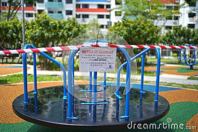 COVID19 tape barriers surrounding exercise areas in Singapore Editorial Stock Photo