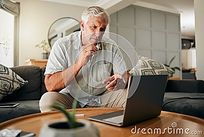 Covid, telehealth and pcr with senior man on laptop for medical, sick and corona virus test his home sofa. Digital Stock Photo