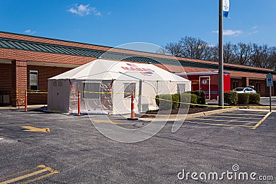 COVID-19 triage tent set up in parking lot of small rural hospital in Greenville, IL, USA Editorial Stock Photo