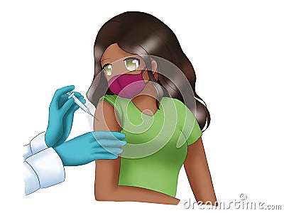 Covid-19 vaccination: Cute yound adult afro-american girl with long dark hair received vaccine shot from the doctor Stock Photo