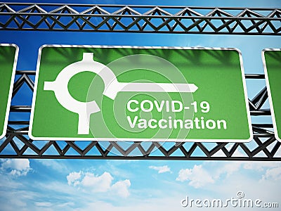 Covid-19 vaccination on the next exit roa sign. 3D illustration Cartoon Illustration