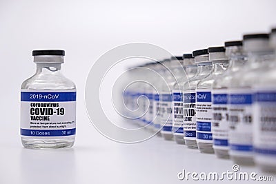 COVID 19 Vaccine. COVID 19 Corona Virus 2019 ncov Vaccine Injection Vials Medicine bottles. Vaccination, immunization, treatment Stock Photo