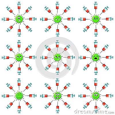 Covid 19 vaccine set with coronavirus character. Big collection of Vaccination symbol. Concept of virus being scared and afraid of Vector Illustration
