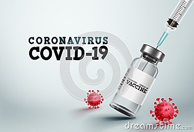 Covid-19 vaccine vector banner. Covid-19 vaccine bottle and injection syringe Vector Illustration