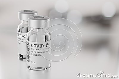 COVID-19 vaccine vials on gray blur background. 3d rendering illustration Cartoon Illustration