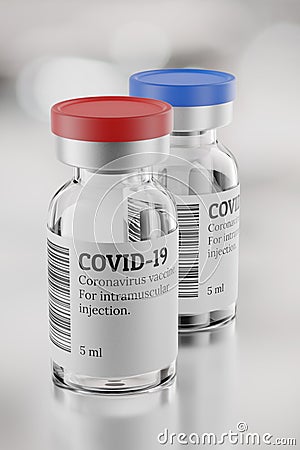 COVID-19 vaccine vials on gray blur background. 3d rendering illustration Cartoon Illustration