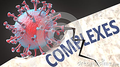 Covid virus destroying complexes - big corona virus breaking a solid, sturdy and established complexes structure, to symbolize Cartoon Illustration