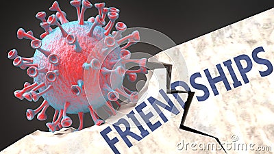 Covid virus destroying friendships - big corona virus breaking a solid, sturdy and established friendships structure, to symbolize Cartoon Illustration