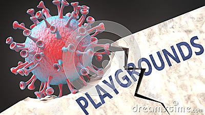 Covid virus destroying playgrounds - big corona virus breaking a solid, sturdy and established playgrounds structure, to symbolize Cartoon Illustration