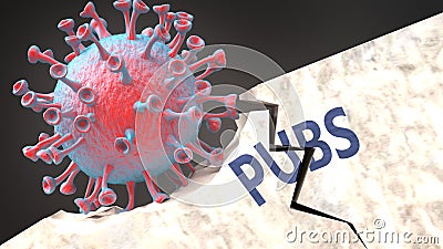Covid virus destroying pubs - big corona virus breaking a solid, sturdy and established pubs structure, to symbolize problems and Cartoon Illustration